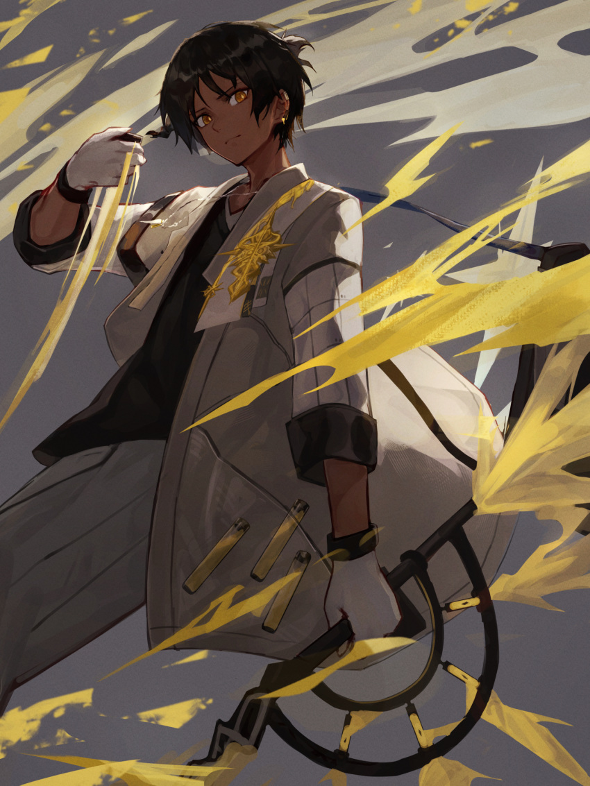 1boy aito arknights arm_up black_hair black_shirt coat commentary_request dark_skin dark_skinned_male earrings energy feet_out_of_frame gloves highres holding holding_sword holding_weapon jewelry labcoat leaning_back male_focus pants serious shirt short_hair sleeves_rolled_up solo sword symbol-shaped_pupils test_tube thorns_(arknights) weapon white_coat white_gloves white_pants yellow_eyes