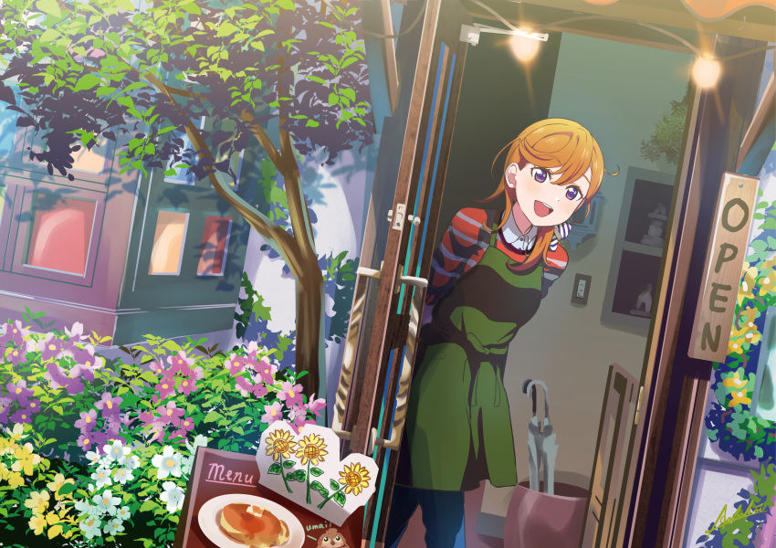 1girl absurdres al_aoi_aoba apron bangs birthday cafe commentary_request english_text eyebrows_visible_through_hair flower highres huge_filesize long_hair looking_at_viewer love_live! love_live!_superstar!! menu_board open_door orange_hair shibuya_kanon solo tree tree_branch umbrella violet_eyes window