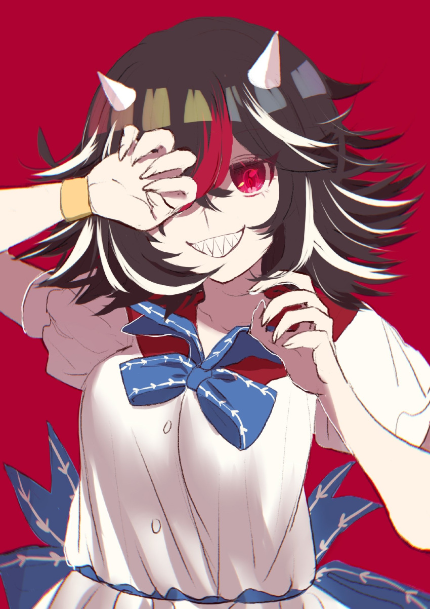 1girl :d bangs black_hair blue_bow bow bowtie dress fingernails grin happy highres horns kijin_seija looking_at_viewer multicolored_hair open_mouth puffy_short_sleeves puffy_sleeves red_background red_eyes sharp_fingernails sharp_teeth shocho_(shaojiujiu) short_hair short_sleeves simple_background skirt smile solo streaked_hair teeth touhou upper_body white_dress