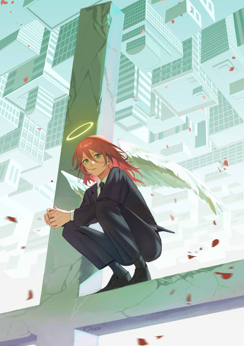 1boy androgynous angel angel_devil_(chainsaw_man) angel_wings bangs black_pants building chainsaw_man city cityscape closed_mouth collared_shirt crack cross deer_(deer423-81) dress_shirt expressionless formal full_body green_eyes hair_between_eyes halo hands_together highres inverted_cross leaf leaves_in_wind loafers long_hair long_sleeves looking_away male_focus motion_blur necktie pants pink_hair shirt shoes solo squatting suit upside-down white_shirt wings