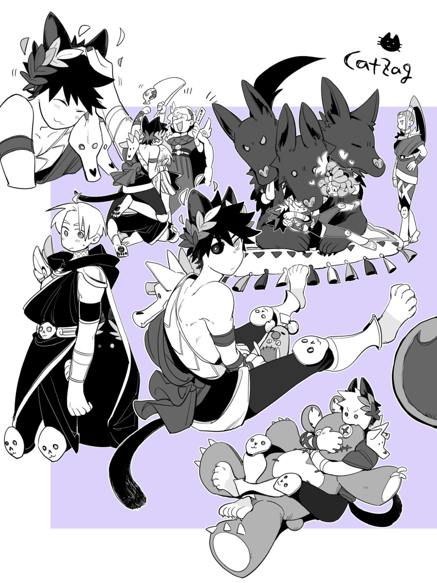 2girls 3boys :3 ^_^ animal_ears ball barefoot biting black_sclera cat_boy cat_ears cat_tail cat_teaser cerberus_(hades) closed_eyes colored_sclera commentary dog dusa_(hades) greek_clothes greyscale hades_(game) hand_on_hip headpat heart highres hypnos_(hades) kemonomimi_mode laurel_crown looking_back megaera_(hades) mismatched_sclera mochimochimochi monochrome multiple_boys multiple_girls multiple_heads open_mouth pillow ponytail single_bare_shoulder sitting skull smile snake_hair stuffed_animal stuffed_toy tail teddy_bear thanatos_(hades) zagreus_(hades)