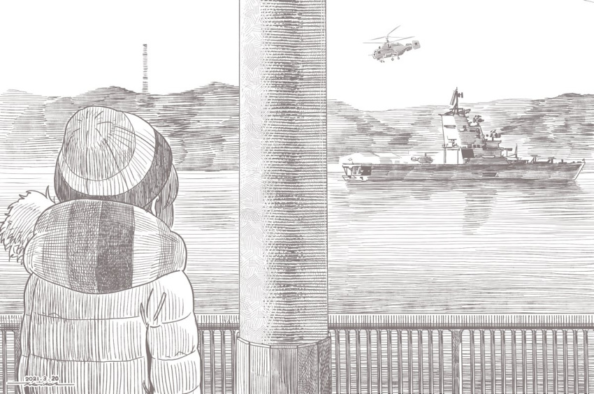 1girl aircraft beanie brown_theme coat dated from_behind hat helicopter horikou monochrome outdoors pole railing river shima_rin ship signature watercraft winter_clothes winter_coat yurucamp