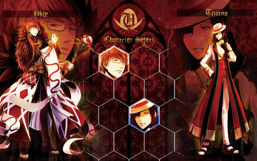 2boys archbishop_(ragnarok_online) argyle_coat bangle bangs belt black_footwear black_gloves black_hair bracelet brown_belt brown_eyes brown_hair brown_pants character_name character_select closed_mouth coat commentary_request detached_sleeves english_text fake_screenshot fedora fighting_game fingerless_gloves fur_collar glasses gloves hat holding holding_staff jewelry long_hair looking_afar looking_at_another looking_at_viewer multiple_boys necklace norapeko open_mouth pants ragnarok_online red_coat shoes short_hair smile sorcerer_(ragnarok_online) staff two-tone_coat white_coat white_headwear white_pants white_sleeves