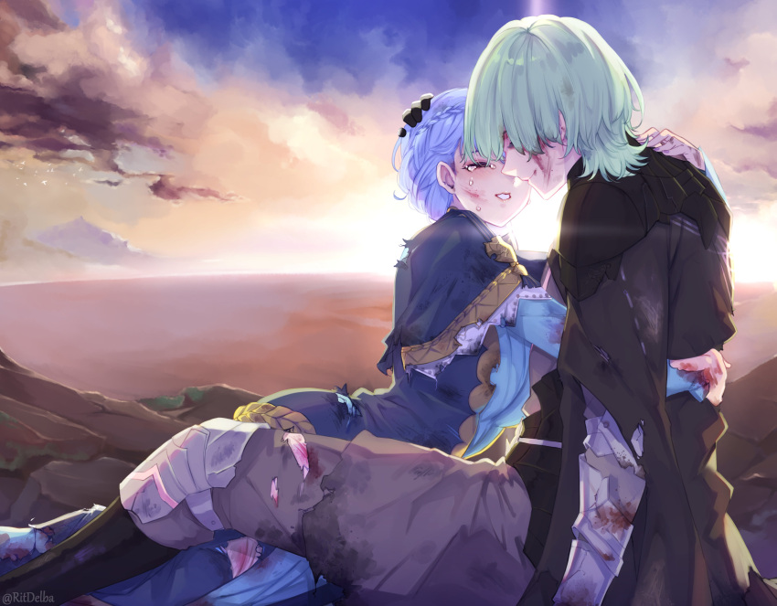 1boy 1girl absurdres armor black_armor black_cape black_gloves blue_capelet blue_dress blue_hair braid byleth_(fire_emblem) byleth_eisner_(male) cape capelet closed_eyes closed_mouth clouds cloudy_sky commentary crown_braid crying dress english_commentary fire_emblem fire_emblem:_three_houses gauntlets gloves green_hair hand_on_another's_head hetero highres hug injury light lips long_sleeves marianne_von_edmund outdoors parted_lips ritence short_hair sitting sitting_on_ground sky smile tears teeth torn_clothes twitter_username