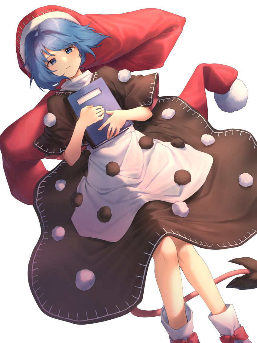 1girl absurdres bangs blue_eyes blue_hair book boots bow brown_capelet brown_dress cheunes closed_mouth commentary_request doremy_sweet dress dutch_angle expressionless eyebrows_visible_through_hair feet_out_of_frame floating_hair hair_intakes hat highres holding holding_book light_blush looking_at_viewer lying nightcap on_back pom_pom_(clothes) red_bow red_headwear short_hair simple_background solo swept_bangs tail tapir_tail touhou white_background white_dress