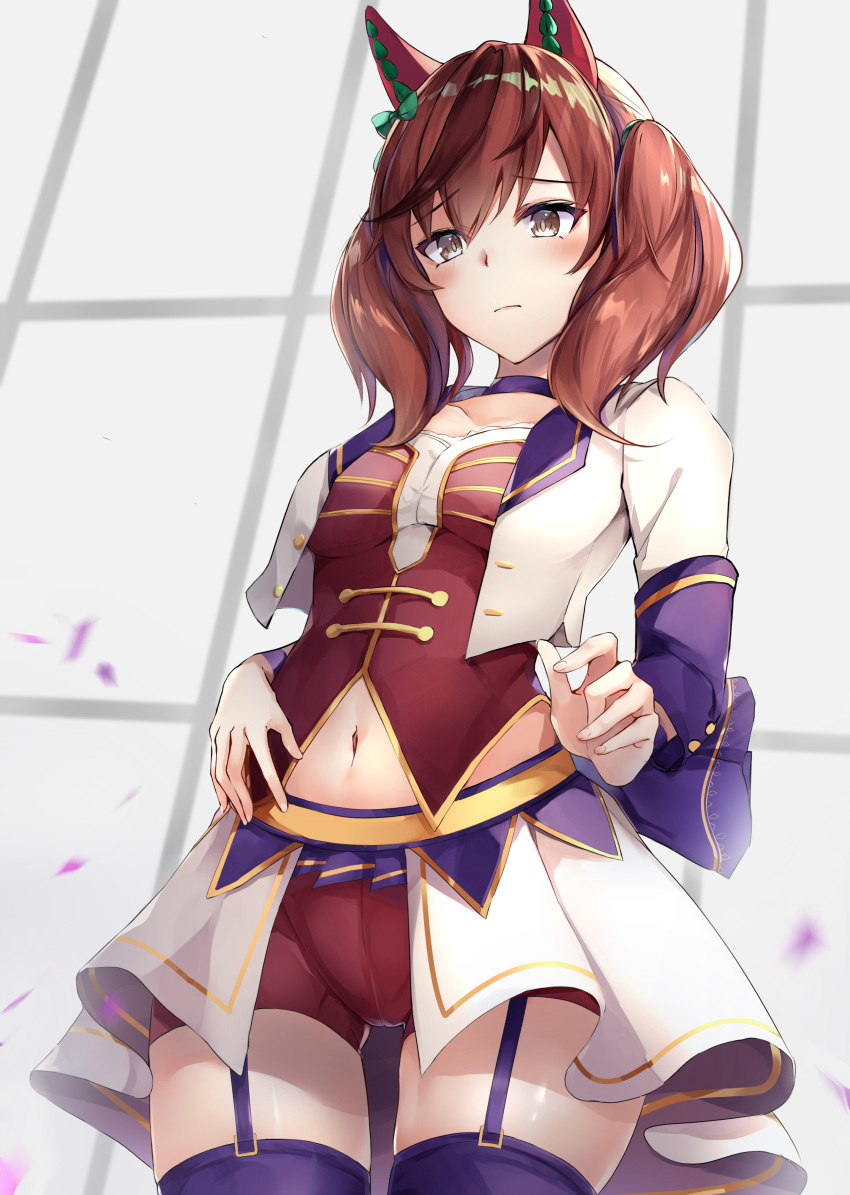 1girl absurdres bangs blush breasts brown_eyes brown_hair collarbone commentary cowboy_shot cropped_jacket ear_covers eyebrows_visible_through_hair garter_straps highres jacket kurohikage long_hair long_sleeves looking_at_viewer midriff navel nice_nature_(umamusume) open_clothes open_jacket purple_legwear red_shorts red_vest short_shorts shorts solo standing thigh-highs twintails umamusume vest white_jacket