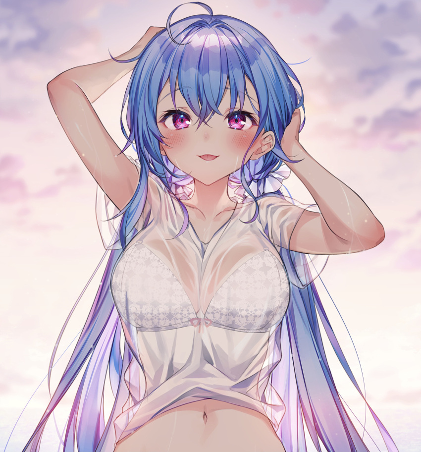 1girl ahoge arms_up bikini bikini_under_clothes blue_hair breasts collarbone highres komeshiro_kasu long_hair looking_at_viewer medium_breasts navel original pink_eyes see-through shirt short_sleeves solo stomach swimsuit tongue tongue_out upper_body very_long_hair wet wet_clothes wet_shirt white_bikini white_shirt