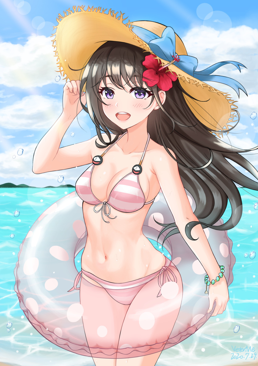 1girl absurdres artist_name beach bikini black_hair blue_sky breasts bubble clouds commentary dated day flower hair_flower hair_ornament hat hibiscus highres innertube long_hair looking_at_viewer medium_breasts navel ocean open_mouth original sky smile solo straw_hat striped striped_bikini sunlight swimsuit very_long_hair veterme violet_eyes
