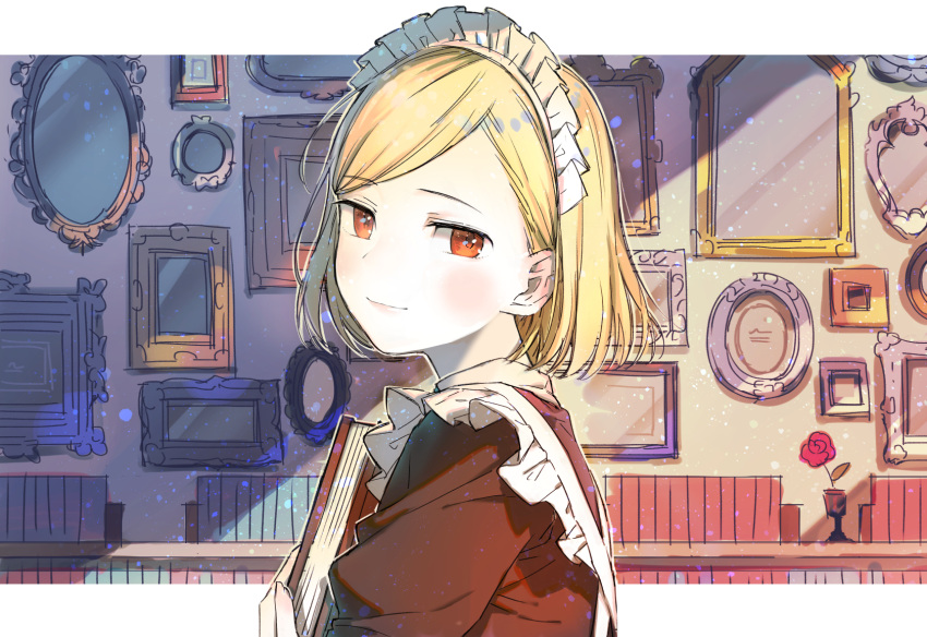 1girl backlighting bangs blonde_hair book border closed_mouth eyebrows_visible_through_hair flower frilled_hairband frills from_side hair_behind_ear hairband hand_up highres holding holding_book indoors light_particles looking_at_viewer looking_to_the_side maid maid_headdress okari original outline outside_border parted_bangs picture_frame pink_flower puffy_sleeves red_eyes short_hair smile upper_body white_border white_hairband white_outline