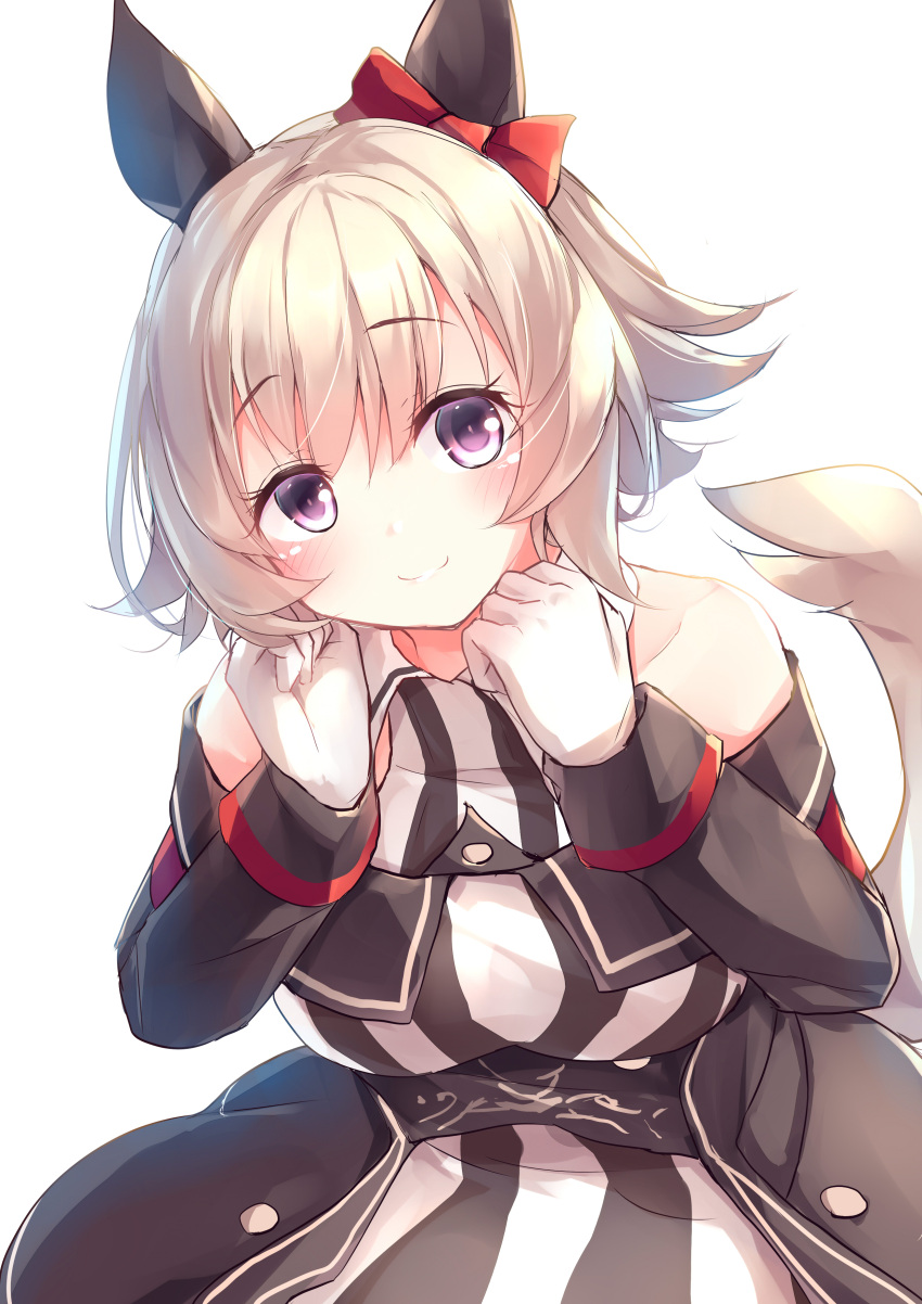 1girl absurdres animal_ears bangs bare_shoulders black_jacket blush bow breasts closed_mouth collarbone collared_dress curren_chan_(umamusume) dress ear_bow eyebrows_visible_through_hair gloves hair_between_eyes hands_up highres horse_ears horse_girl horse_tail jacket kanzakietc large_breasts leaning_forward looking_at_viewer off-shoulder_jacket red_bow simple_background smile solo striped tail umamusume vertical-striped_dress vertical_stripes violet_eyes white_background white_dress white_gloves white_hair