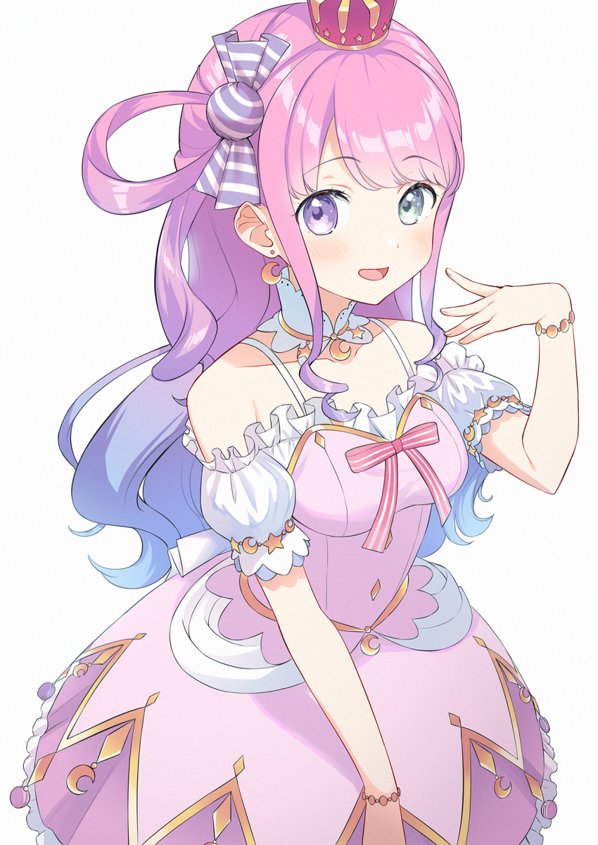 1girl :d bare_shoulders blue_hair breasts candy_hair_ornament candy_wrapper collarbone commentary_request crown dress food_themed_hair_ornament gradient_hair green_eyes hair_ornament hair_rings hand_up heterochromia highres himemori_luna hololive long_hair looking_at_viewer luna_(mi-chanman) medium_breasts mini_crown multicolored_hair off-shoulder_shirt off_shoulder open_mouth pink_dress pink_hair puffy_short_sleeves puffy_sleeves shirt short_sleeves simple_background smile solo very_long_hair violet_eyes virtual_youtuber white_background white_shirt