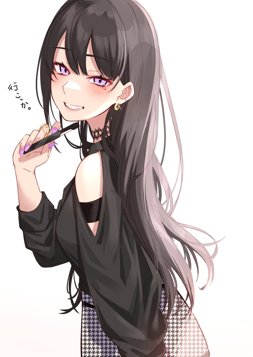 1girl absurdres black_hair breasts ear_piercing earrings fingernails hair_between_eyes highres ichiki_1 jewelry long_hair looking_at_viewer looking_to_the_side mole mole_under_eye open_mouth original piercing simple_background small_breasts smile straight_hair violet_eyes white_background