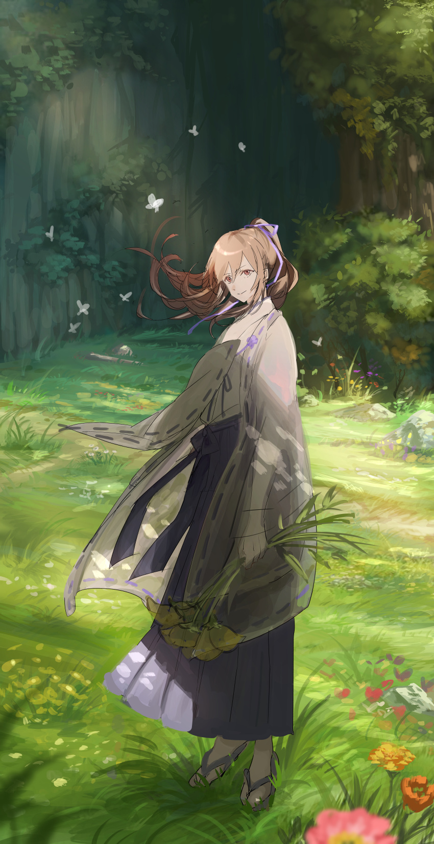 1girl absurdres animal bangs brown_hair bug butterfly closed_mouth commentary_request eyebrows_visible_through_hair floating_hair flower grass hair_between_eyes hair_ribbon hakama hand_up highres holding holding_flower huge_filesize incredibly_absurdres insect japanese_clothes kimono long_hair long_sleeves looking_at_viewer nature ori_(momonimo) original outdoors ponytail purple_footwear purple_hakama purple_ribbon red_eyes ribbon ribbon-trimmed_sleeves ribbon_trim sleeves_past_fingers sleeves_past_wrists smile socks solo standing tabi white_kimono white_legwear wide_sleeves yellow_flower zouri