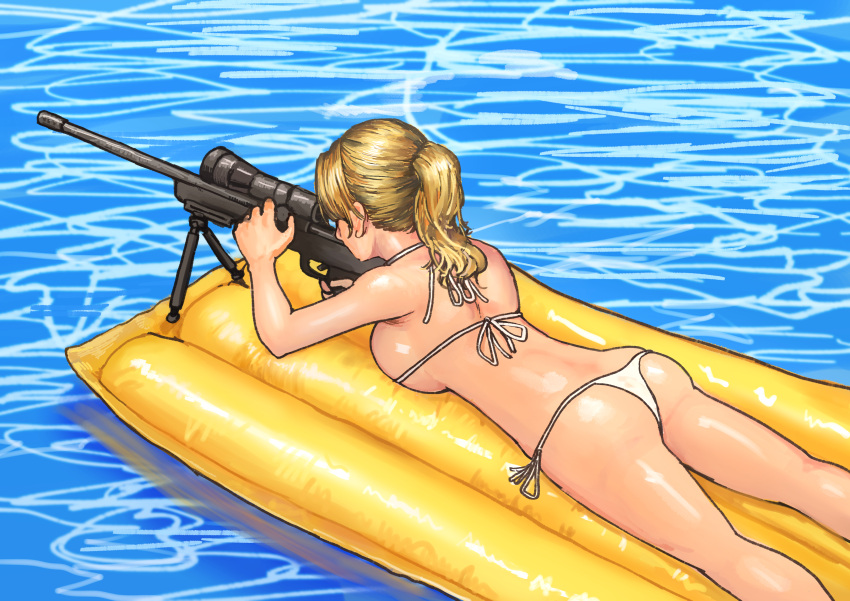 1girl absurdres aiming ass bikini blonde_hair chanta_(ayatakaoisii) facing_away from_behind gun highres holding holding_gun holding_weapon inflatable_raft lying ocean on_stomach original parody ponytail rifle side-tie_bikini sniper_rifle solo swimsuit weapon white_bikini