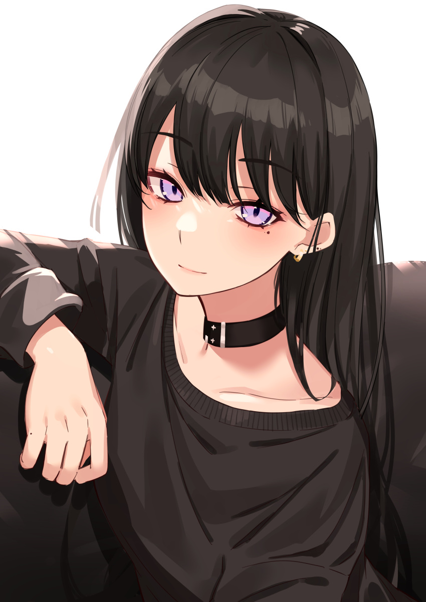 1girl absurdres black_hair blush closed_mouth collar collarbone ear_piercing earrings highres ichiki_1 jewelry long_hair looking_at_viewer mole mole_under_eye original piercing simple_background sitting smile straight_hair violet_eyes white_background