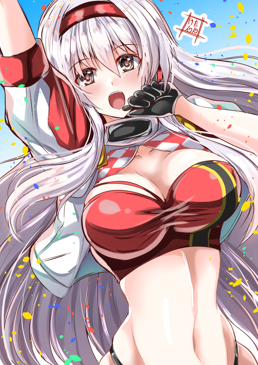1girl absurdres artist_logo black_gloves breasts brown_eyes cropped_jacket gloves hairband headphones headset highres jacket kantai_collection kentan_(kingtaiki) large_breasts looking_at_viewer microphone midriff one-hour_drawing_challenge open_mouth racequeen red_bandeau red_hairband shoukaku_(kancolle) silver_hair solo white_jacket