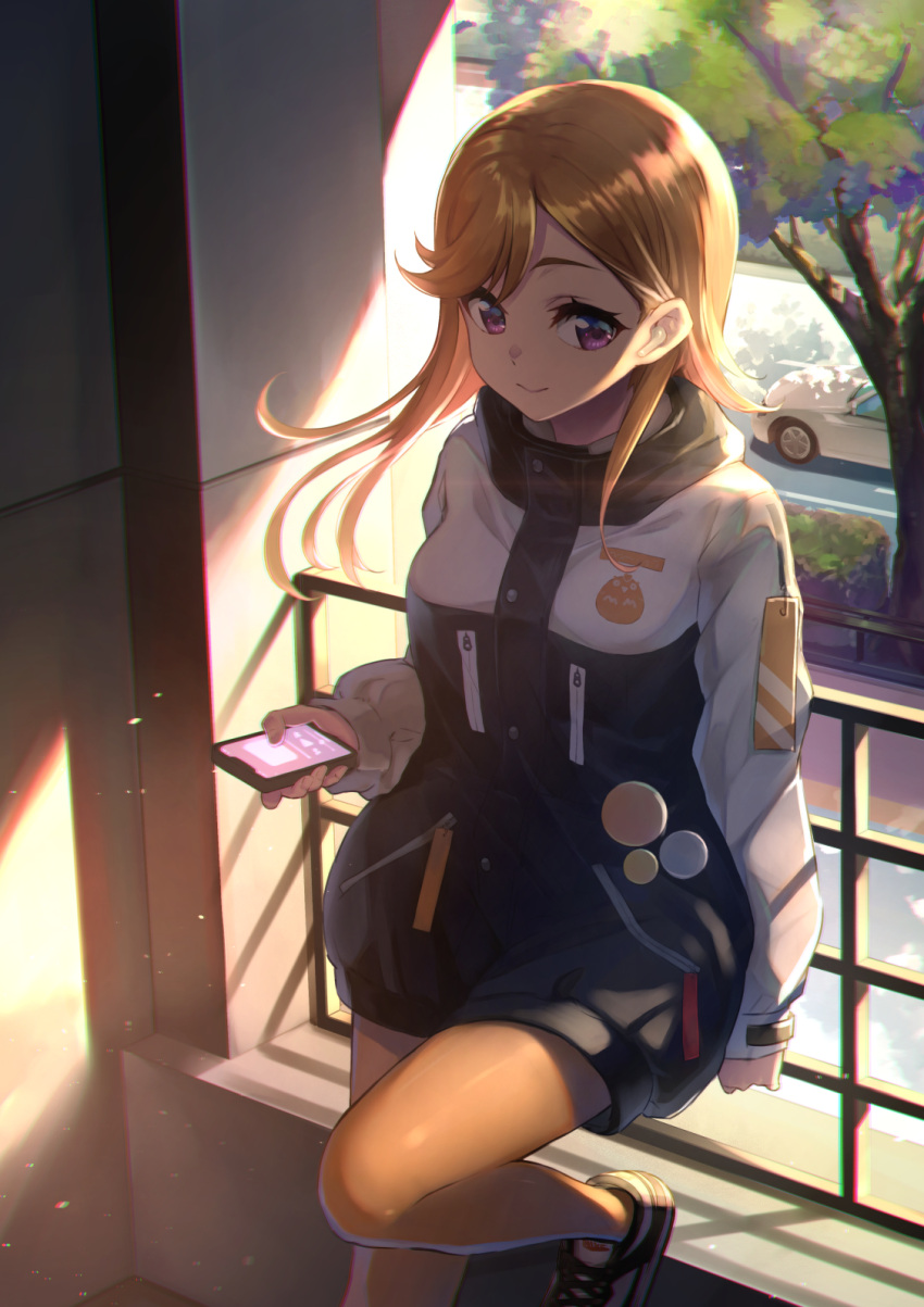 1girl against_railing bangs breasts bush car cellphone chromatic_aberration commentary_request cowengium day dress eyelashes ground_vehicle hair_behind_ear highres holding holding_phone jacket knee_up leaning light light_particles long_hair long_sleeves looking_at_viewer love_live! love_live!_superstar!! medium_breasts motor_vehicle orange_hair outdoors phone pins school_uniform shadow shibuya_kanon shoes sidelocks sleeves_past_wrists smartphone smile sneakers solo sweater sweater_dress swept_bangs tree two-tone_jacket violet_eyes