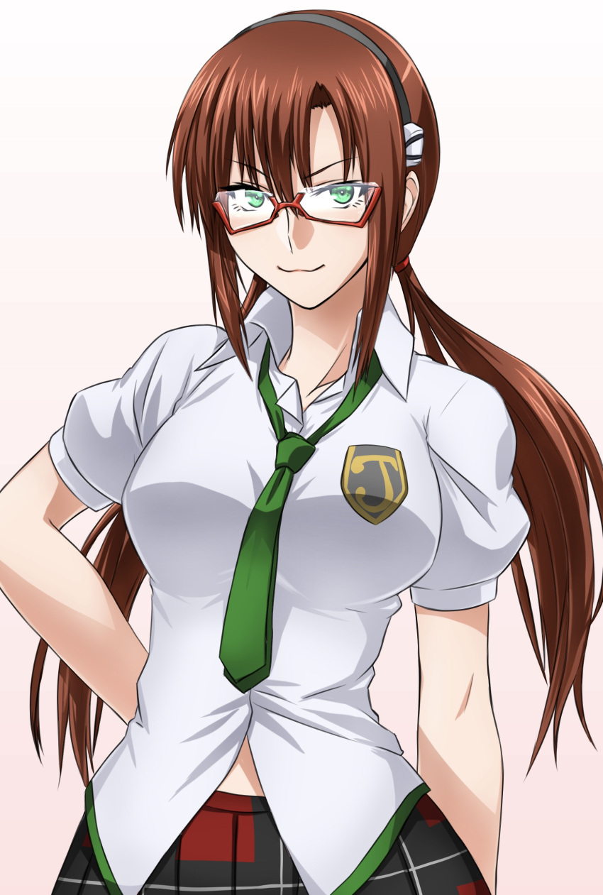 1girl absurdres akito_(sub707) breasts brown_hair glasses green_eyes green_neckwear highres long_hair low_twintails makinami_mari_illustrious medium_breasts neckerchief neon_genesis_evangelion rebuild_of_evangelion red-framed_eyewear shirt short_sleeves solo twintails upper_body white_shirt