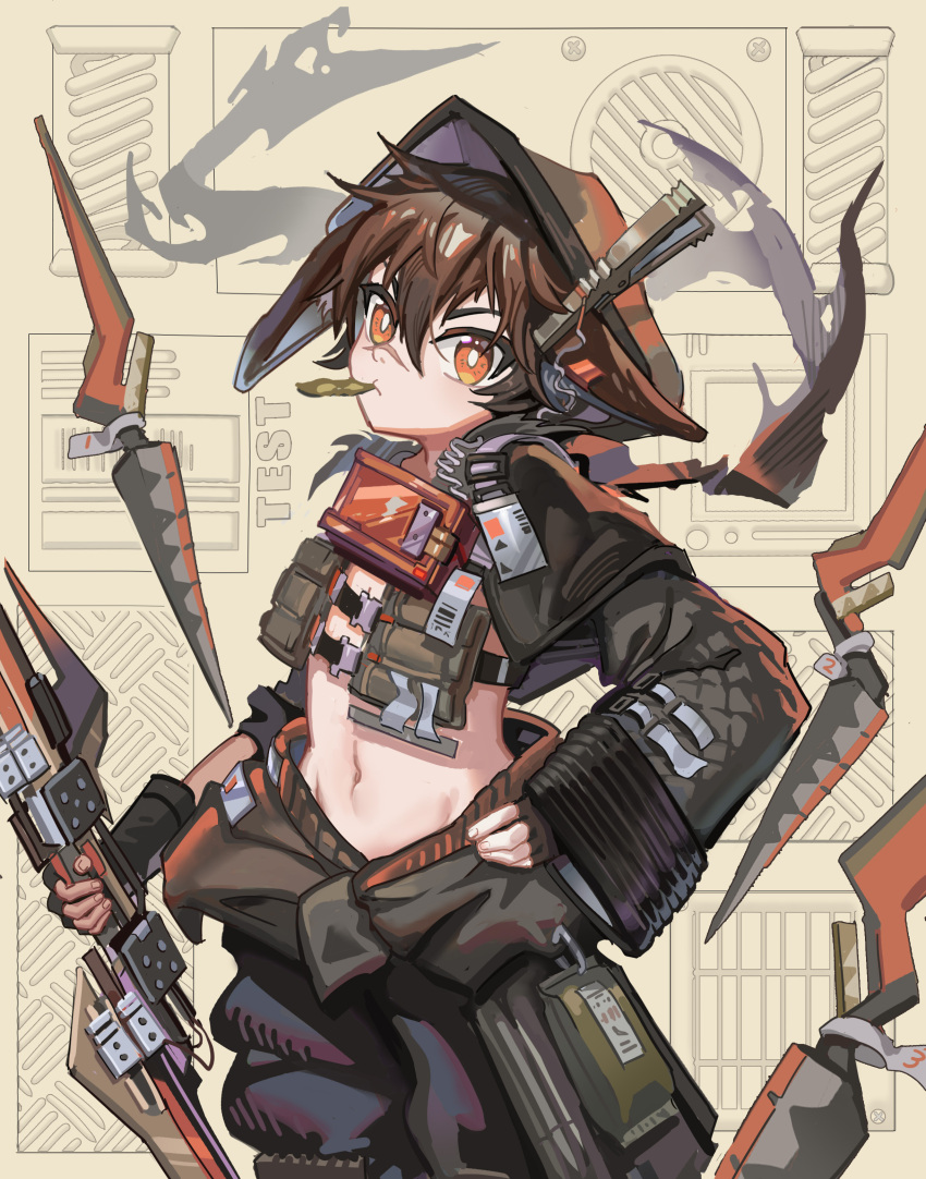 1boy absurdres animal_ears arknights ayerscarpe_(arknights) ayerscarpe_(tested_one)_(arknights) bangs beige_background black_pants brown_eyes brown_hair chinese_commentary commentary_request cowboy_shot hair_between_eyes highres holding holding_weapon hood long_sleeves looking_at_viewer male_focus midriff mouth_hold navel official_alternate_costume pants rabbit_ears short_hair standing stomach weapon whinghope wide_sleeves