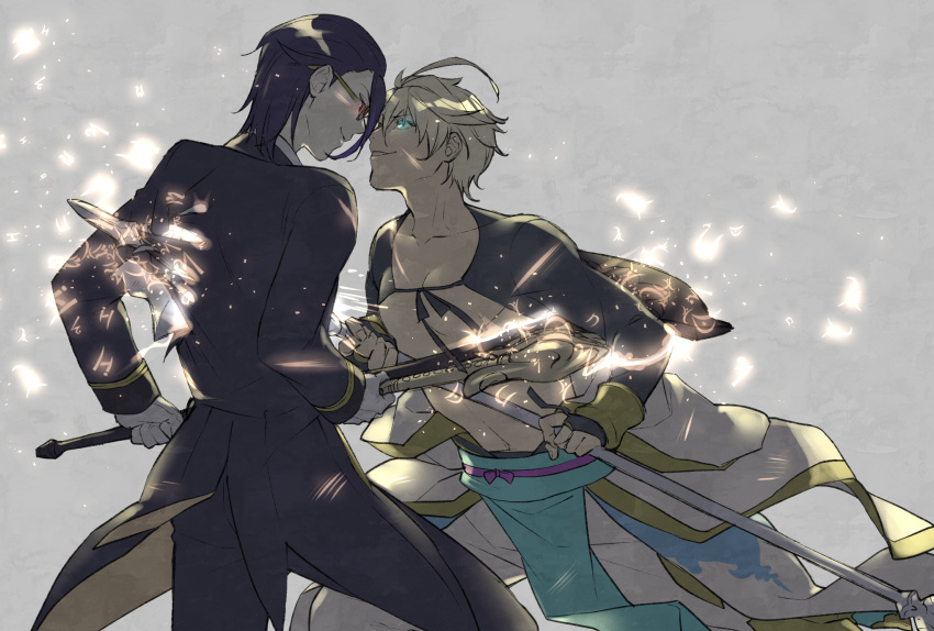 2boys abs aladdin_(sinoalice) bare_pectorals black_hair blonde_hair blue_eyes bridal_gauntlets butler collarbone fighting formal gloves glowing glowing_eyes grin hair_pulled_back halberd hameln_(sinoalice) highres holding holding_weapon looking_at_another male_focus multiple_boys nagatekkou pants parted_lips pectorals polearm red_eyes scythe short_hair sinoalice skky3 smile suit teeth waist_cape weapon white_gloves