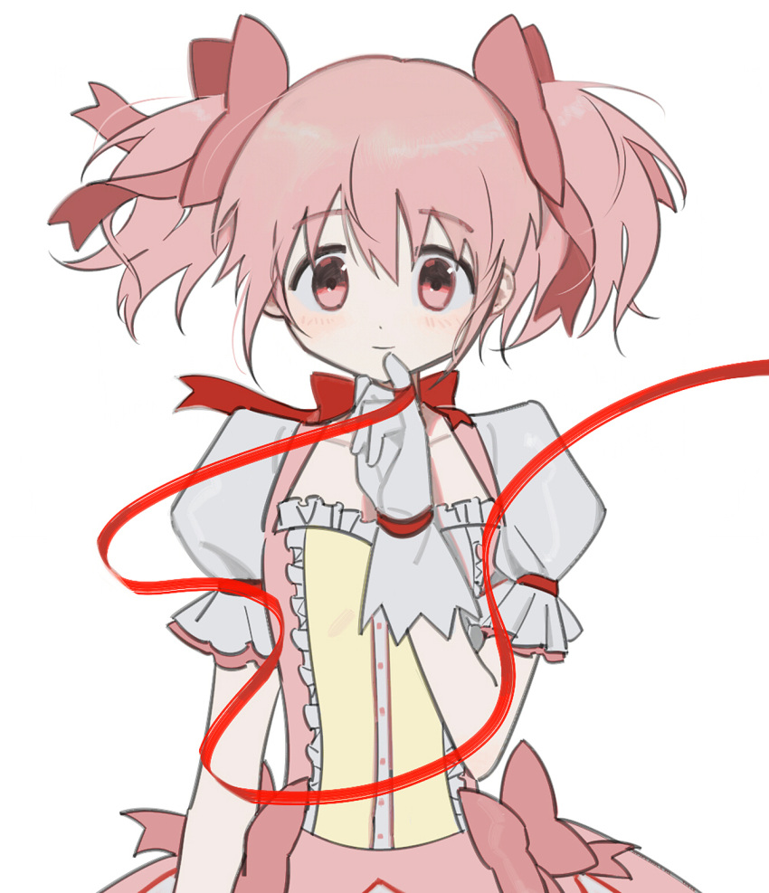 1girl arm_at_side buttons choker closed_mouth collarbone dot_nose eyebrows_visible_through_hair facing_viewer flat_chest floating_hair frilled_sleeves frills gloves hair_ribbon hand_up highres kaname_madoka light_blush light_smile looking_down mahou_shoujo_madoka_magica pink_eyes pink_hair pink_ribbon pinky_out puffy_short_sleeves puffy_sleeves red_ribbon ribbon ribbon_choker short_sleeves simple_background solo string string_of_fate tareme twintails upper_body vo1ez white_background white_gloves