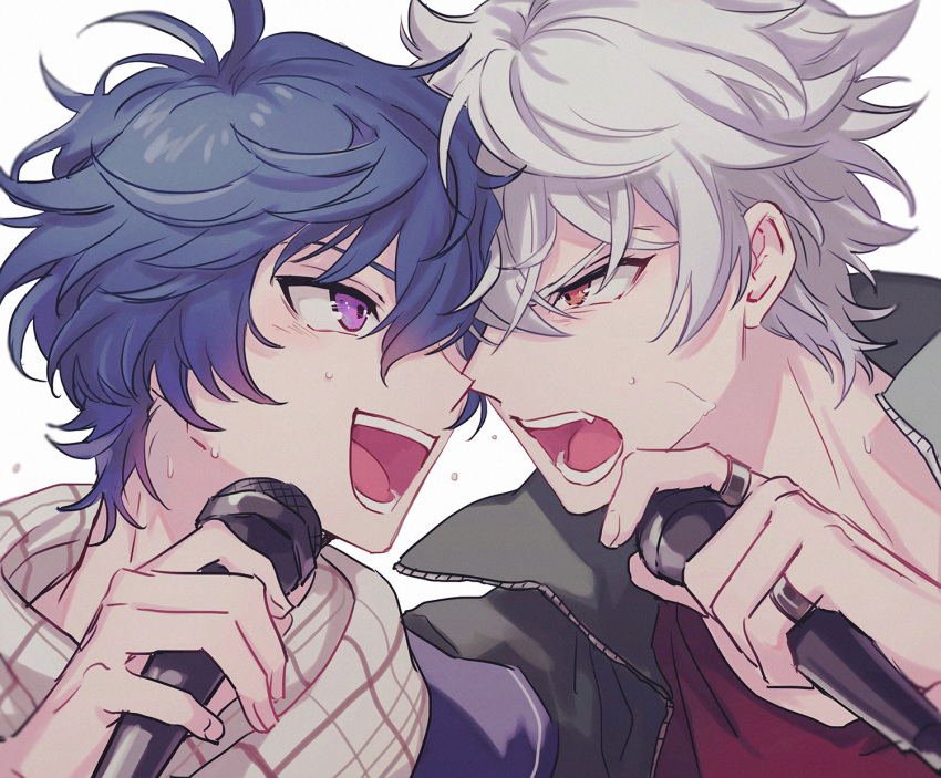 2boys argonavis_from_bang_dream! asahi_nayuta bang_dream! blue_hair face-to-face fang highres himishiro holding holding_microphone male_focus microphone multiple_boys nanahoshi_ren open_mouth red_eyes scarf upper_body violet_eyes white_hair