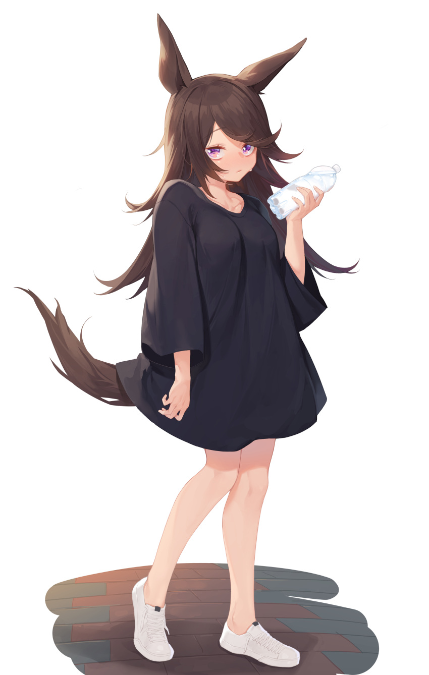 1girl absurdres animal_ears black_shirt bottle brown_hair commentary_request full_body hand_up highres holding holding_bottle horse_ears horse_girl horse_tail long_hair long_sleeves looking_at_viewer mokew no_socks rice_shower_(umamusume) shirt shoes solo tail umamusume violet_eyes water water_bottle white_background white_footwear wide_sleeves