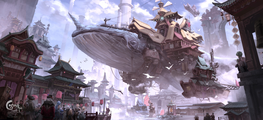absurdres aether_(genshin_impact) architecture bird_wings blue_sky castle chigalidepoi cityscape clouds crowd day east_asian_architecture fantasy floating floating_castle ganyu_(genshin_impact) genshin_impact highres lumine_(genshin_impact) multiple_boys multiple_girls outdoors qiqi_(genshin_impact) scenery sky wings zhongli_(genshin_impact)