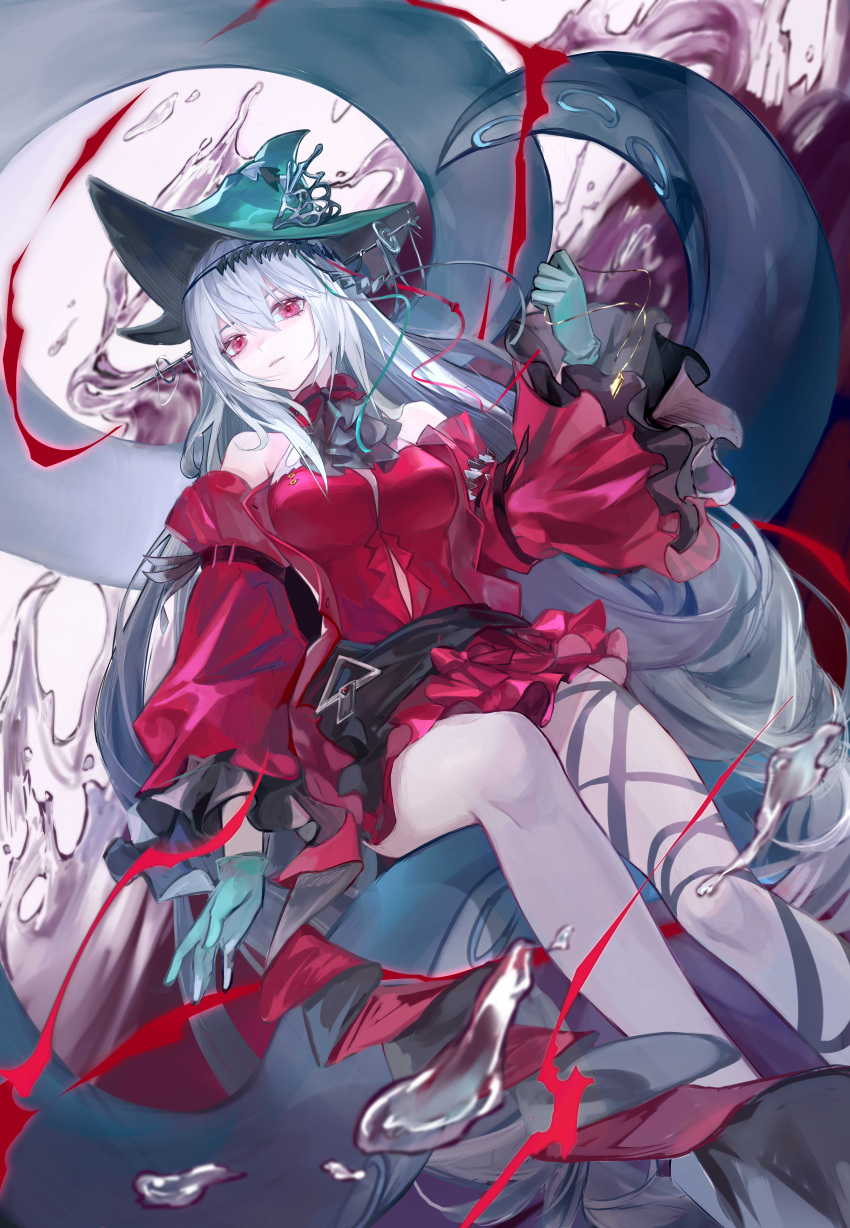 1girl absurdres arknights bangs bare_legs bare_shoulders blue_gloves blue_headwear breasts chinese_commentary commentary_request detached_sleeves feet_out_of_frame gloves hair_between_eyes hand_up highres long_hair long_sleeves looking_at_viewer medium_breasts qiangjitong red_eyes silver_hair skadi_(arknights) skadi_(the_corrupting_heart)_(arknights) solo tentacles very_long_hair