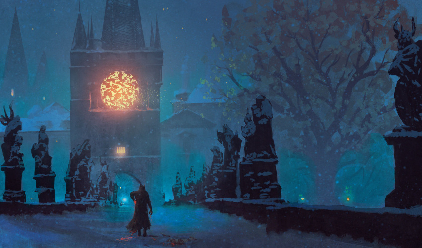 1other anato_finnstark bleeding blood bloodborne blue_theme castle coat commentary english_commentary from_behind hat highres snow statue tower tree walking