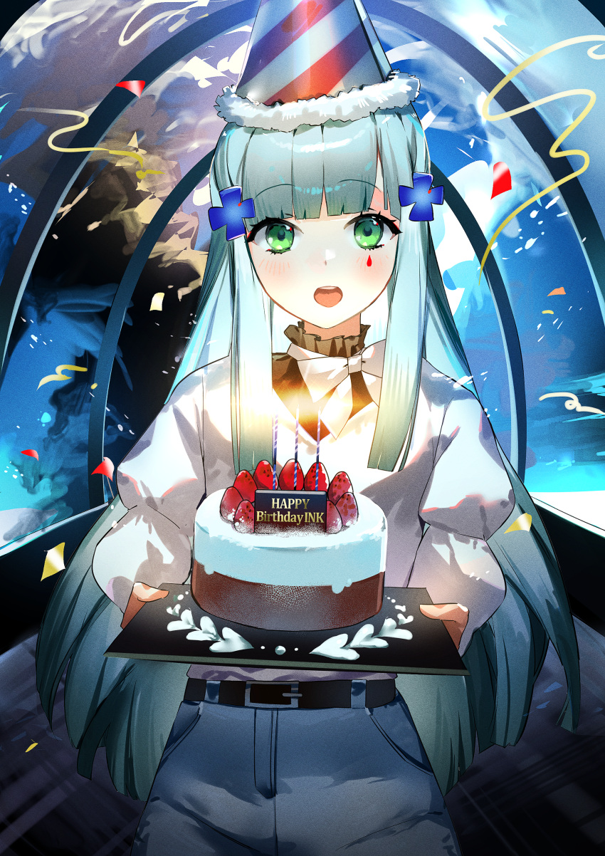 1girl :d absurdres aqua_hair aquarium_tunnel bangs blunt_bangs blush cake candle casual clip_studio_paint_(medium) commission eyebrows_visible_through_hair food girls_frontline green_eyes hair_ornament happy_birthday hat highres hk416_(girls_frontline) huge_filesize long_hair looking_at_viewer moko_(moko/moko) open_mouth party_hat sidelocks smile solo strawberry_shortcake