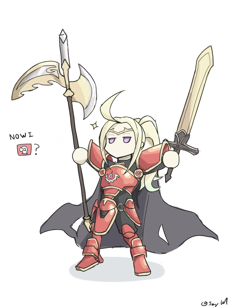 1girl alternate_costume armor axe cape character_name chibi circlet fire_emblem fire_emblem_awakening fire_emblem_heroes full_body green_hair highres holding holding_axe holding_sword holding_weapon jitome long_hair no_mouth nowi_(fire_emblem) ragnell red_armor saiykik simple_background sinmara_(fire_emblem) solo standing sword violet_eyes weapon white_background