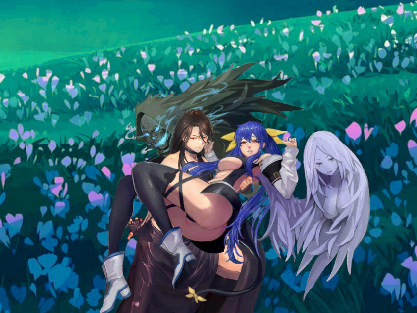 1boy 1girl black_hair blue_hair boots couple dizzy_(guilty_gear) flower flower_field guilty_gear guilty_gear_xx long_hair princess_carry red_eyes testament_(guilty_gear) thigh-highs