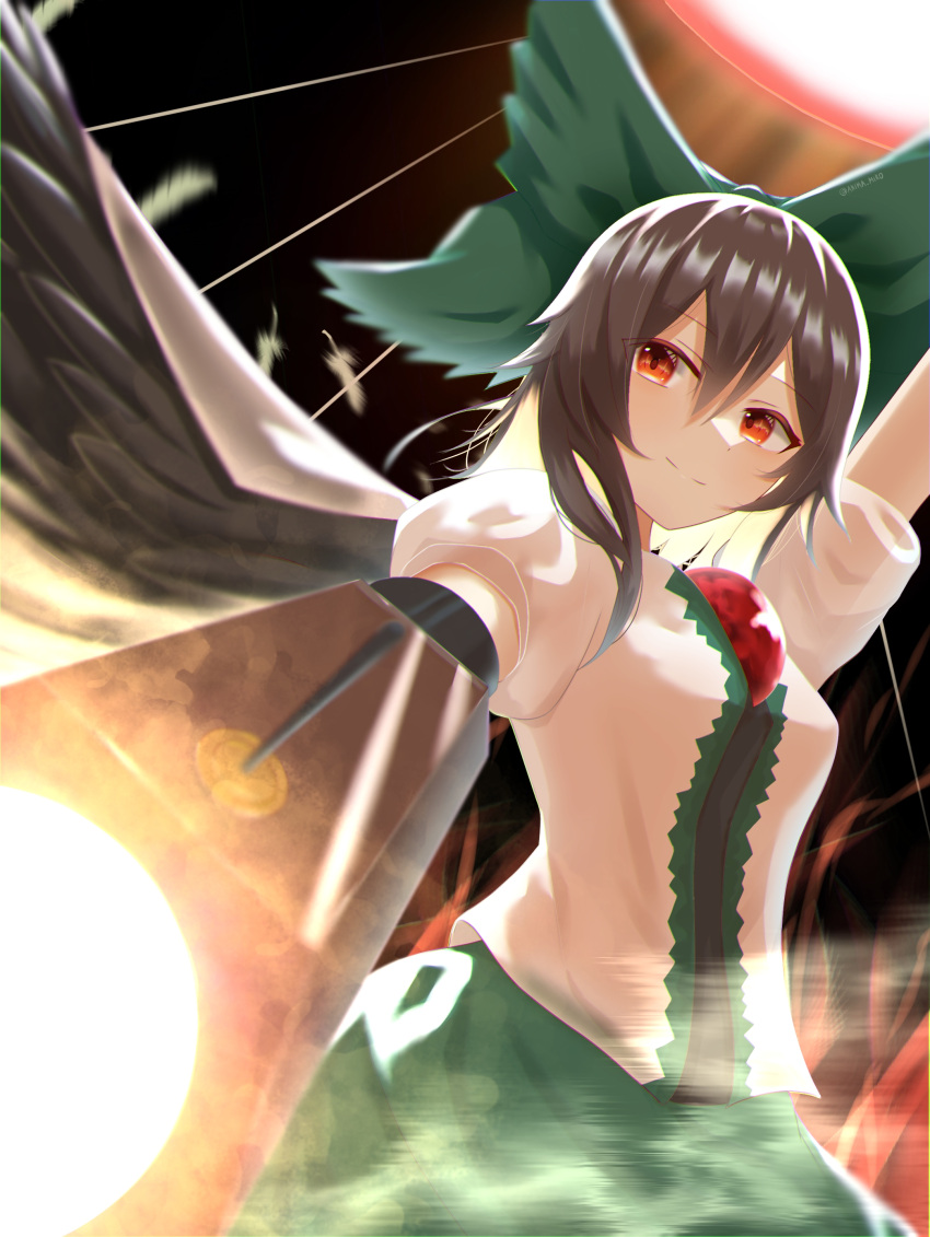 absurdres anima_miko arm_cannon bird_wings black_hair black_wings blouse bow buttons cape collared_blouse eyes frilled_skirt frills green_bow green_skirt hair_bow highres long_hair puffy_short_sleeves puffy_sleeves red_eyes reiuji_utsuho short_sleeves skirt third_eye touhou weapon white_blouse wings