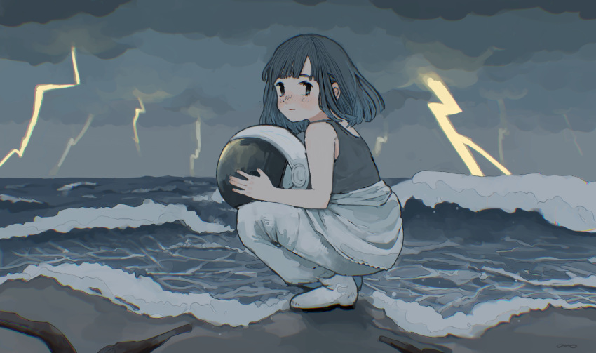 1girl black_hair boots clouds helmet highres holding holding_helmet lightning looking_at_viewer medium_hair onobane original pants solo space_helmet squatting water waves white_footwear white_pants wide_shot