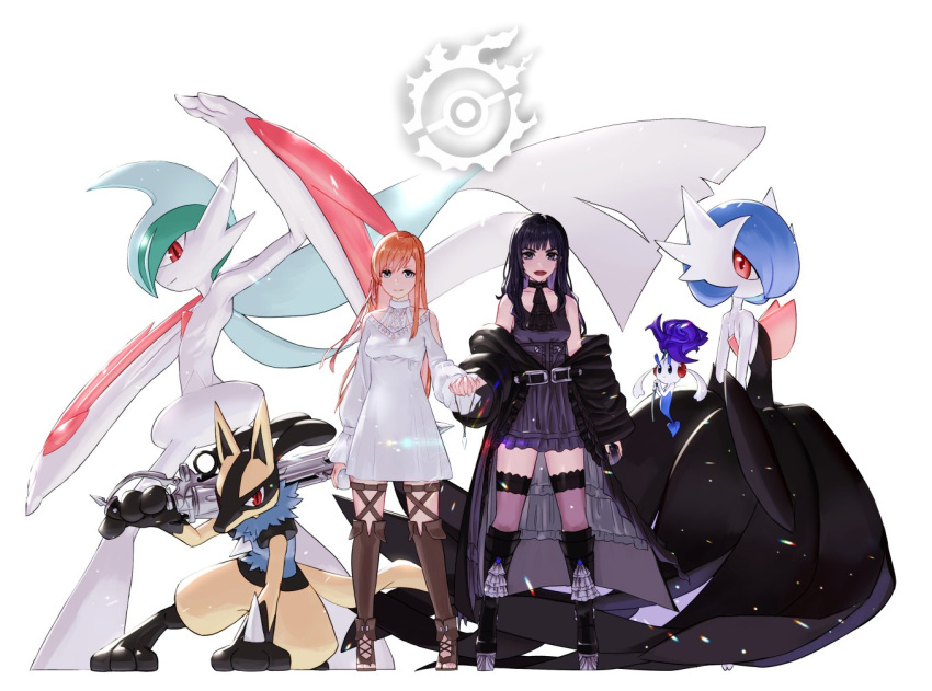 2girls arm_blade black_dress black_hair brown_hair crossover dress final_fantasy final_fantasy_xiv floette gaia_(ff14) gallade gardevoir gen_3_pokemon gen_4_pokemon gen_6_pokemon gunblade holding_hands looking_at_viewer lucario mega_gallade mega_gardevoir mega_pokemon multiple_girls over_shoulder pokemon potion_lilac red_eyes ryne simple_background standing thick_lips thigh-highs weapon weapon_over_shoulder