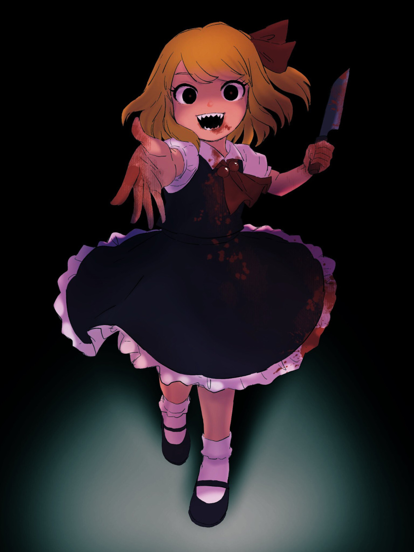 1girl :d ascot bangs beads black_background black_eyes black_footwear black_skirt black_vest blonde_hair blood blood_on_face bloody_clothes bobby_socks bright_pupils commentary_request eyebrows_behind_hair flat_chest foreshortening from_above hair_ribbon highres holding holding_knife kinkitsu1824 knife looking_at_viewer mary_janes open_mouth petticoat puffy_short_sleeves puffy_sleeves reaching_out red_neckwear red_ribbon ribbon rumia sharp_teeth shoes short_hair short_sleeves simple_background skirt smile socks solo swept_bangs teeth touhou vest white_legwear