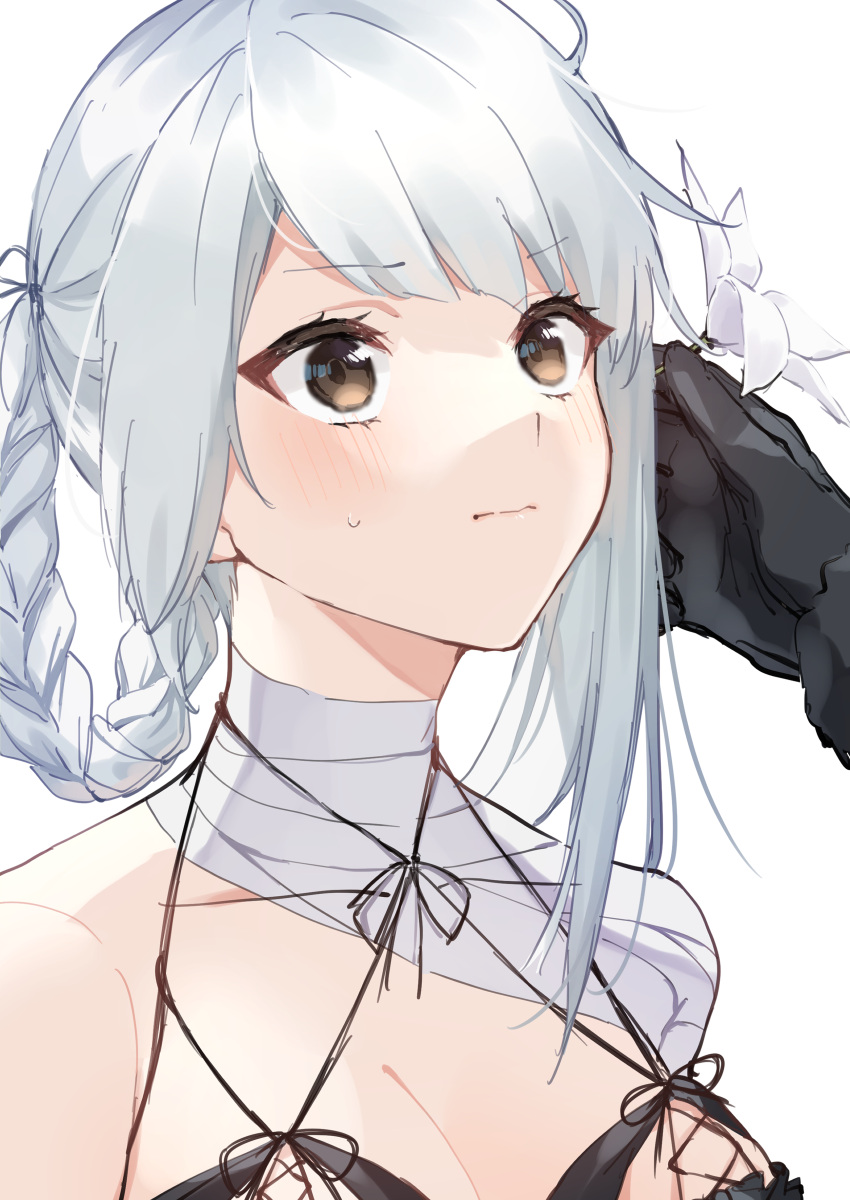 1girl absurdres asymmetrical_hair babydoll bandaged_arm bandaged_leg bandages bangs black_gloves blush braid caress closed_mouth eyebrows_visible_through_hair flower gloves hair_flower hair_ornament hand_on_another's_head highres hinakano_h kaine_(nier) lingerie long_hair looking_up lunar_tear negligee nier nier_(series) simple_background single_braid solo sweatdrop underwear weapon white_background white_hair yellow_eyes