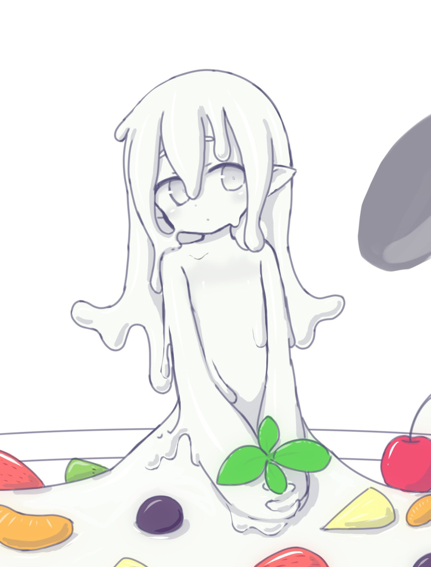 1girl cherry closed_mouth colored_skin completely_nude curss dot_mouth dot_nose flat_chest food fruit grey_eyes highres holding looking_at_viewer monster_girl nude original pointy_ears simple_background slime_girl solo spoon v_arms white_background white_hair white_skin yogurt