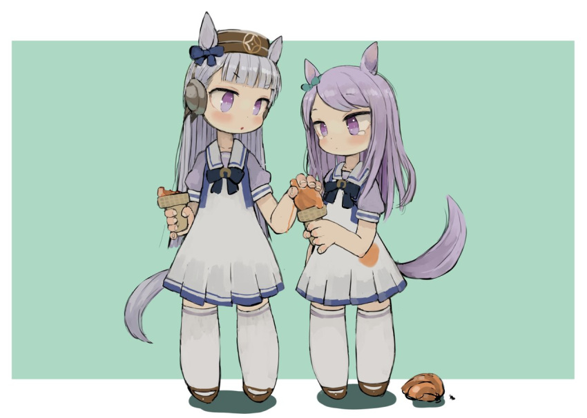 animal_ears black_bow black_neckwear blue_bow blush border bow bowtie brown_footwear brown_headwear closed_mouth dress ebimomo food gold_ship_(umamusume) green_background green_bow hair_bow hat horse_ears horse_tail ice_cream ice_cream_cone ice_cream_cone_spill long_hair mejiro_mcqueen_(umamusume) parted_lips pillbox_hat puffy_short_sleeves puffy_sleeves purple_hair purple_shirt sailor_dress shirt shoes short_sleeves simple_background standing tail tears thigh-highs umamusume violet_eyes white_border white_dress white_legwear