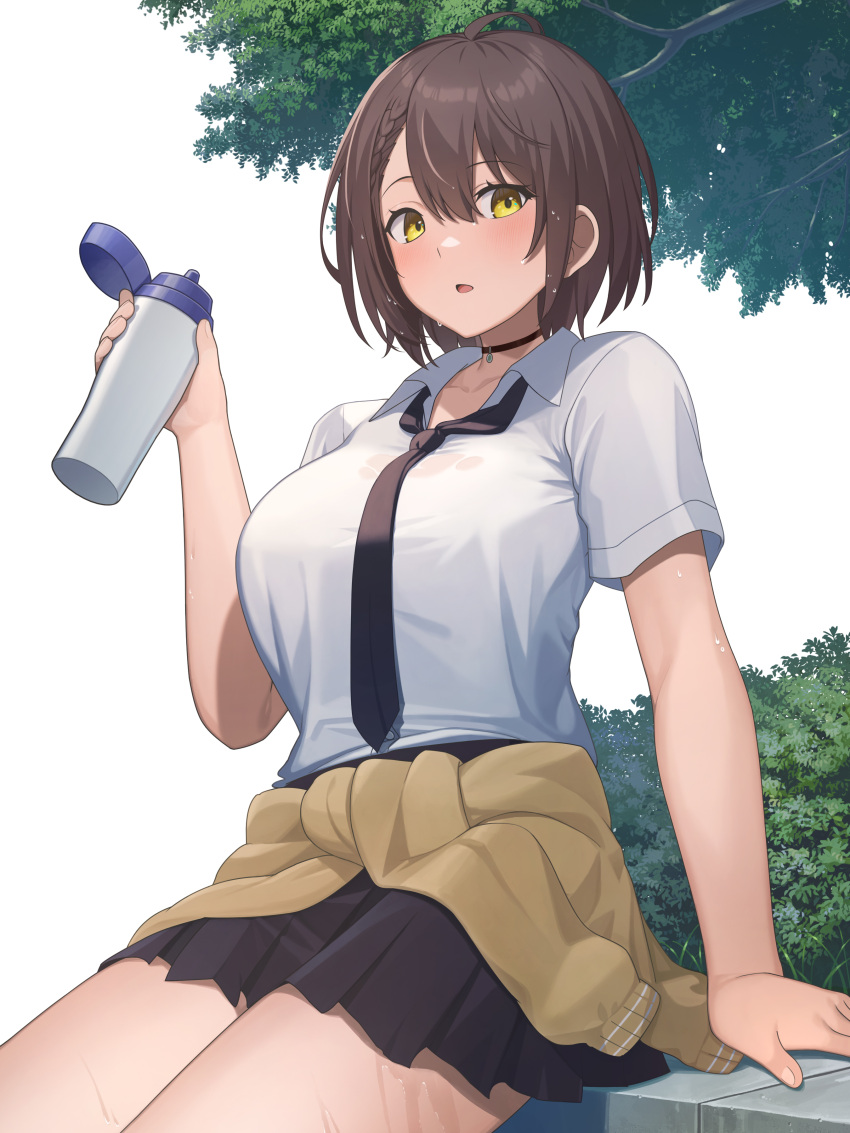 1girl absurdres azur_lane baltimore_(after-school_ace)_(azur_lane) baltimore_(azur_lane) bangs black_neckwear black_skirt blush bottle breasts brown_hair choker clothes_around_waist collarbone collared_shirt eyebrows_visible_through_hair hair_between_eyes highres holding holding_bottle jacket jacket_around_waist large_breasts looking_at_viewer necktie official_alternate_costume outdoors parted_lips pleated_skirt sakamotono school_uniform shirt shirt_tucked_in short_hair short_sleeves skirt solo sweat tree white_background white_shirt yellow_eyes yellow_jacket