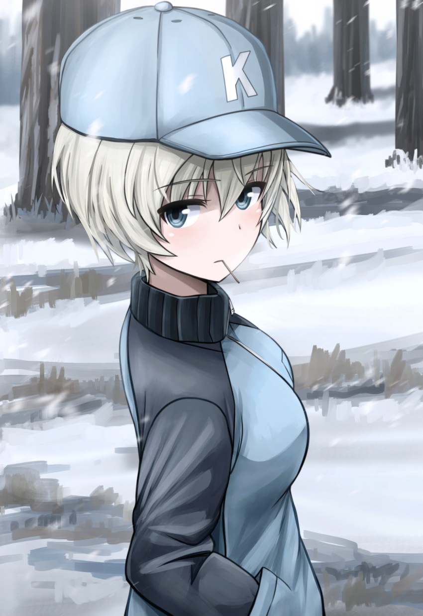 1girl bangs baseball_cap blue_eyes blue_headwear blue_jacket closed_mouth commentary day eyebrows_visible_through_hair girls_und_panzer hand_in_pocket hat highres jacket keizoku_military_uniform kk90 light_frown long_sleeves looking_at_viewer military military_uniform mouth_hold outdoors raglan_sleeves short_hair silver_hair snow solo standing toothpick track_jacket tree uniform upper_body youko_(girls_und_panzer)