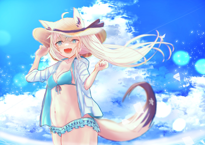 1girl absurdres ahoge animal_ears arms_up bangs bikini blush braid breasts clouds cloudy_sky commentary_request ears_through_headwear eyebrows_visible_through_hair floating_hair fox_ears fox_girl fox_tail frilled_bikini frills green_bikini green_eyes hair_between_eyes hat highres hololive jacket long_hair looking_at_viewer matudo_yuu navel open_clothes open_jacket open_mouth pentagram shirakami_fubuki sidelocks single_braid sky small_breasts solo straw_hat swimsuit tail virtual_youtuber white_hair white_jacket