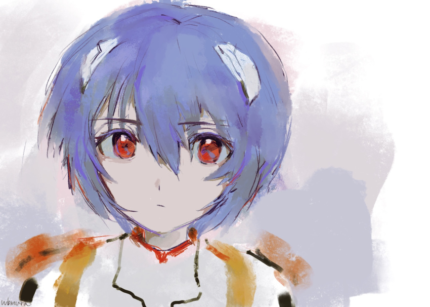 1girl ayanami_rei blue_hair bob_cut bodysuit closed_mouth covered_collarbone expressionless hair_between_eyes hair_ornament highres interface_headset looking_at_viewer neon_genesis_evangelion plugsuit red_eyes red_pupils short_hair simple_background solo tabmur white_background