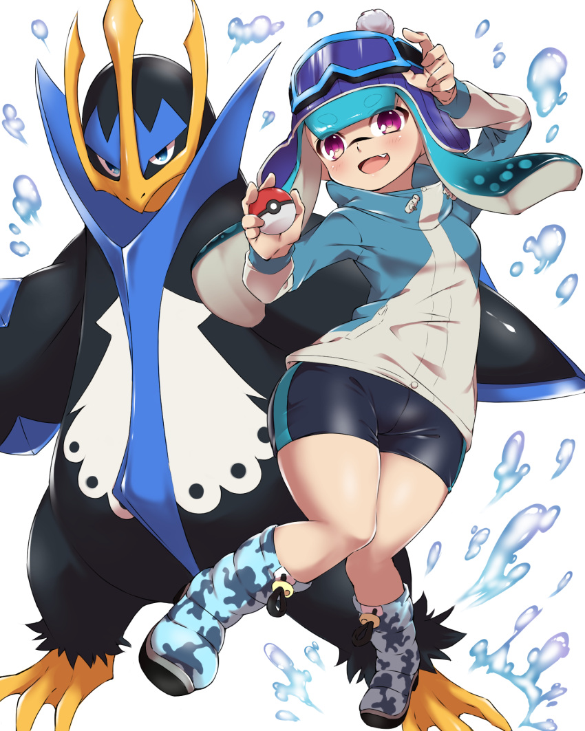 1girl adjusting_goggles bike_shorts black_shorts blue_footwear blue_hair blue_headwear blue_jacket blunt_ends bobblehat boots camouflage_footwear commentary company_connection domino_mask empoleon eyebrows_visible_through_hair fang gen_4_pokemon goggles goggles_on_headwear highres holding holding_poke_ball inkling jacket long_hair long_sleeves looking_at_viewer mask open_mouth penguin_maru_(penginmaru) pointy_ears poke_ball poke_ball_(basic) pokemon pokemon_(creature) print_footwear shorts single_vertical_stripe smile solo splashing splatoon_(series) standing tentacle_hair violet_eyes