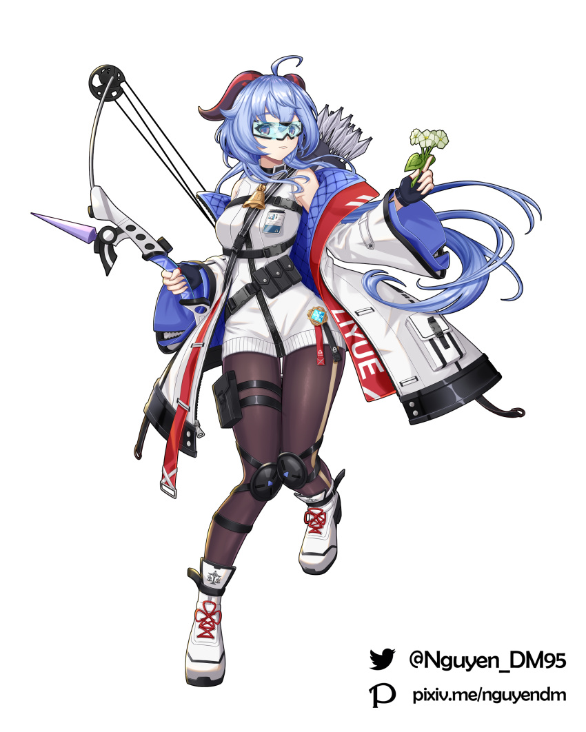 1girl absurdres ahoge arknights bare_shoulders black_choker black_gloves blue_hair bow_(weapon) brown_legwear choker coat compound_bow crossover dm_(nguyen_dm95) dress fingerless_gloves floating_hair flower full_body ganyu_(genshin_impact) genshin_impact gloves goat_horns goggles harness highres holding holding_bow_(weapon) holding_weapon horns long_hair long_sleeves looking_at_viewer low_ponytail off_shoulder open_clothes open_coat pantyhose quiver shoes sleeveless sleeveless_dress solo strap weapon white_coat white_dress white_flower white_footwear wide_sleeves