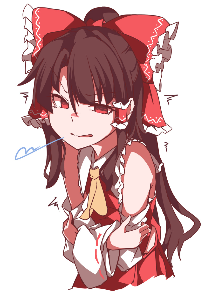 1girl ascot bandages bangs bare_shoulders bow brown_hair collar collared_dress detached_sleeves dress eyebrows_visible_through_hair frills gokuu_(acoloredpencil) hair_between_eyes hair_ornament hair_tubes hakurei_reimu hand_on_own_arm hand_up highres long_hair long_sleeves looking_at_viewer open_mouth red_bow red_dress red_eyes simple_background sleeveless sleeveless_dress smile solo touhou upper_body white_background wide_sleeves yellow_ascot
