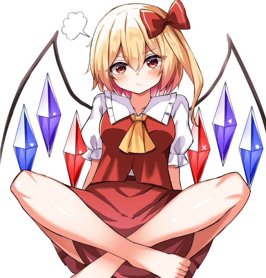 1girl ascot barefoot bat_wings blonde_hair bow crystal flandre_scarlet frilled_shirt frilled_shirt_collar frilled_skirt frilled_sleeves frills full_body highres kiui_(dagk8254) no_headwear one_side_up puffy_short_sleeves puffy_sleeves red_bow red_eyes red_skirt red_vest shirt short_hair short_sleeves side_ponytail sitting skirt skirt_set touhou vest white_shirt wings yellow_neckwear