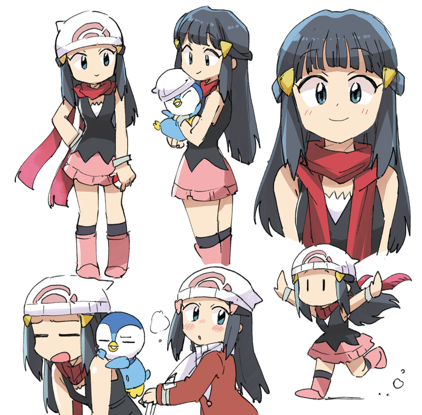 1girl bangs beanie black_hair black_legwear blush boots closed_mouth coat hikari_(pokemon) eyebrows_visible_through_hair eyelashes floating_hair floating_scarf gen_4_pokemon hair_ornament hairclip hat hatted_pokemon highres holding holding_pokemon long_hair long_sleeves looking_at_viewer looking_back multiple_views outstretched_arms pink_footwear piplup pokemon pokemon_(creature) pokemon_(game) pokemon_dppt pokemon_platinum red_coat red_scarf running scarf sidelocks simple_background smile socks solid_oval_eyes standing starter_pokemon tsubobot white_background white_headwear