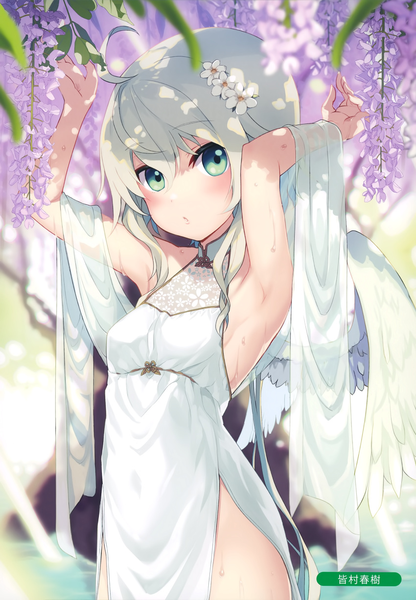 1girl absurdres ahoge armpits arms_up artist_name blurry blurry_foreground blush breasts cowboy_shot depth_of_field dress eyebrows_visible_through_hair flower green_eyes hair_flower hair_ornament halter_top halterneck highres light_green_hair light_rays looking_at_viewer melonbooks minamura_haruki non-web_source parted_lips scan small_breasts solo sunbeam sunlight sweat white_dress white_wings wings